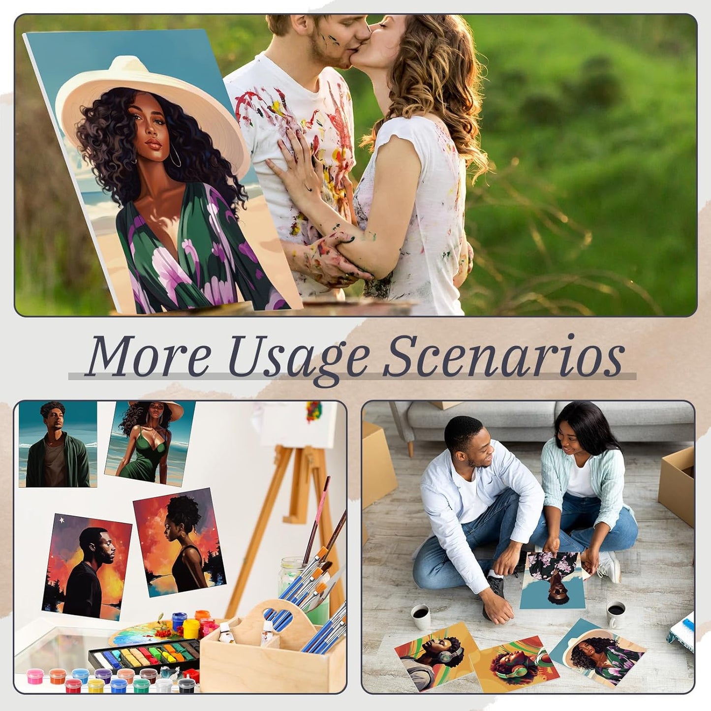 Blosssound 10 Set Pre Printed Canvas Pre Drawn Canvas Painting with Easel Kits 5" x 7" Outline Painting Panels for Beginners, DIY Craft Project, Party Favor, Home Decors(Black Couple)