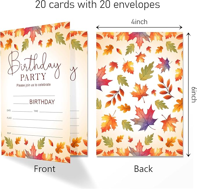 Fall Birthday Invitation Cards with Envelopes Pack of 20 (4"x6") - Leaf Autumn Themed Birthday Party Invitations.(159)