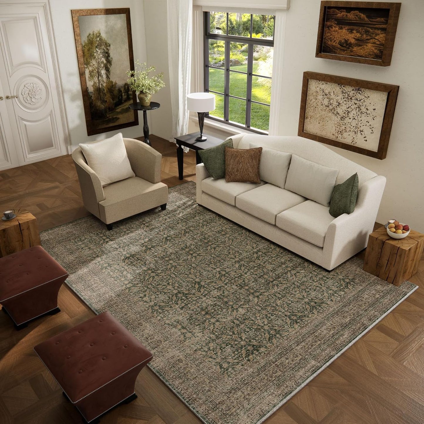 Machine Washable Rugs for Living Room: 5x7 Area Rugs Boho Vintage Rugs Stain Resistant Non Slip Low Pile Soft Lightweight Carpet for Bedroom Kitchen Dining Room Nursery Kids Room Farmhouse