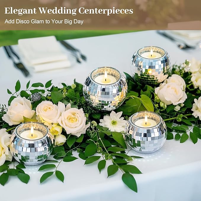 Luditek Disco Ball Candle Holders, 12 Pcs Mirror Silver Decor for Christmas Birthday Wedding NYE Party Decorations, Glass Votive with Tealights for Home Table Centerpiece, Gifts for Women