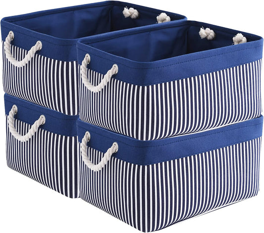 TcaFmac Storage Basket for Organizing - Large 4 Pack Foldable Storage Bins Baskets for Shelves with Ropes, Fabric Storage Cubes for Cloth Toy Gift Kids (Navy & White 16x12x8 inch)