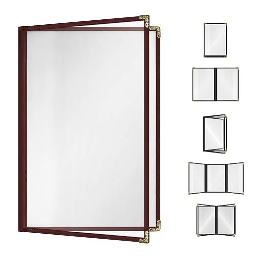 Goodsmart Restaurant Menu Covers – 25 Pack Burgundy 4-View 8.5" x 14", Side-Loading Vinyl & Plastic Menu Holders, Clear Menu Sleeves, Leather-Style Café Covers with Gold Corners