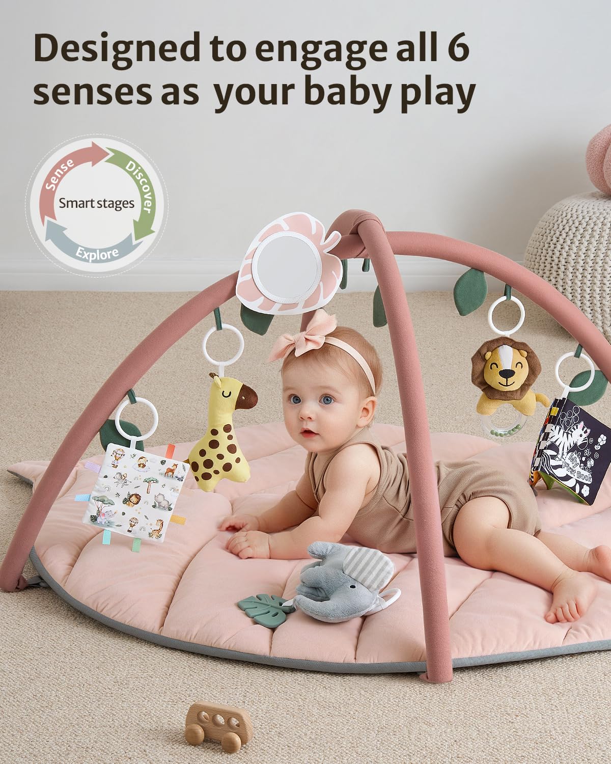 Blissful Diary Baby Play Gym & Activity Mat, Oversize Leaf Shaped Tummy Time Baby Play Mat w 6 Detachable Toys Promotes Motor Skills & Sensory Development, Newborn Infant Essentials Gift, Crystal Pink