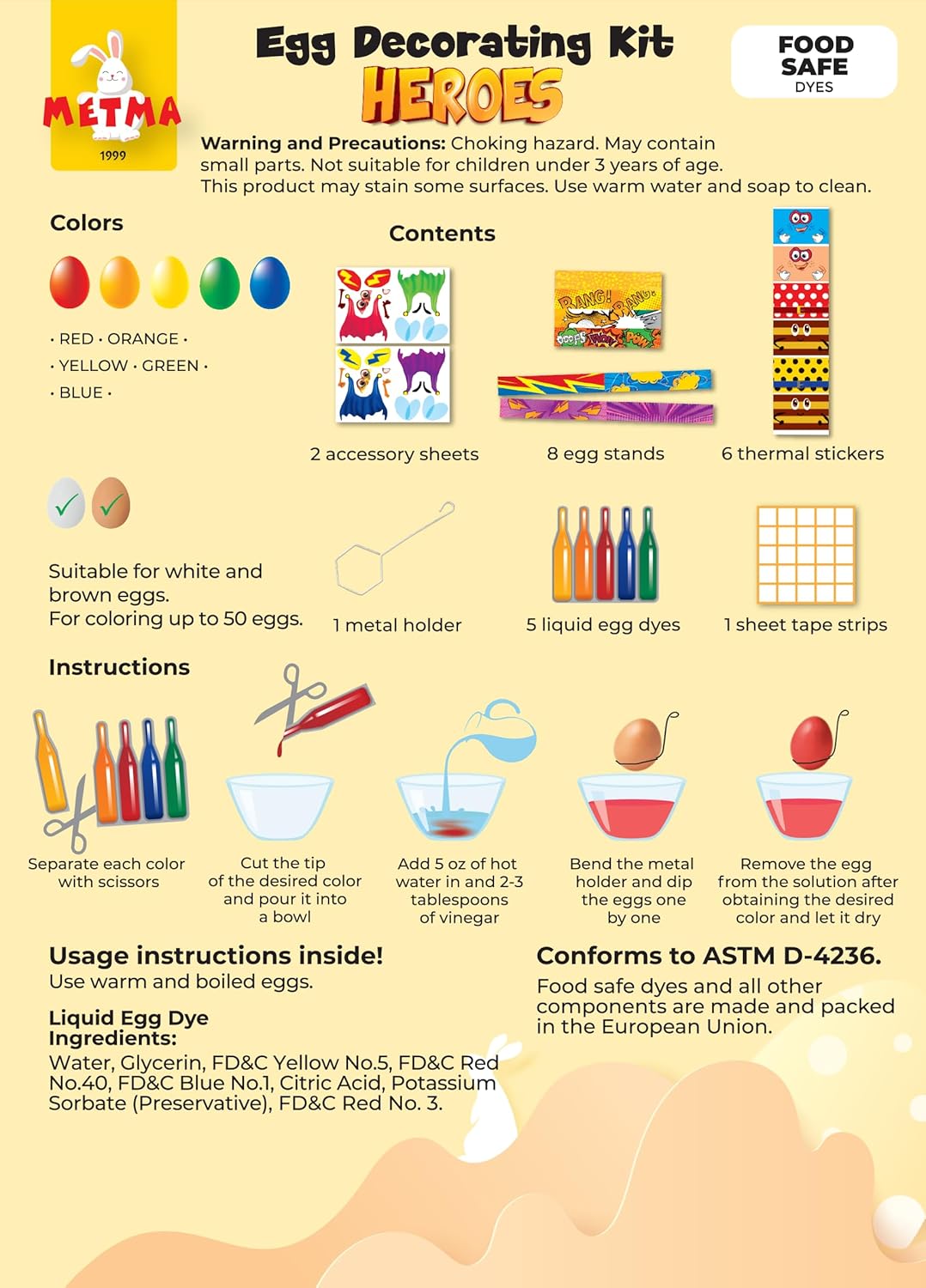 METMA 1999 Egg Decorating Kit Heroes - Complete Decorative Eggs Set with Liquid Dyes, Stickers, Egg Spinner, and More - Fun Easter Egg Dye Kit Arts and Crafts for Kids