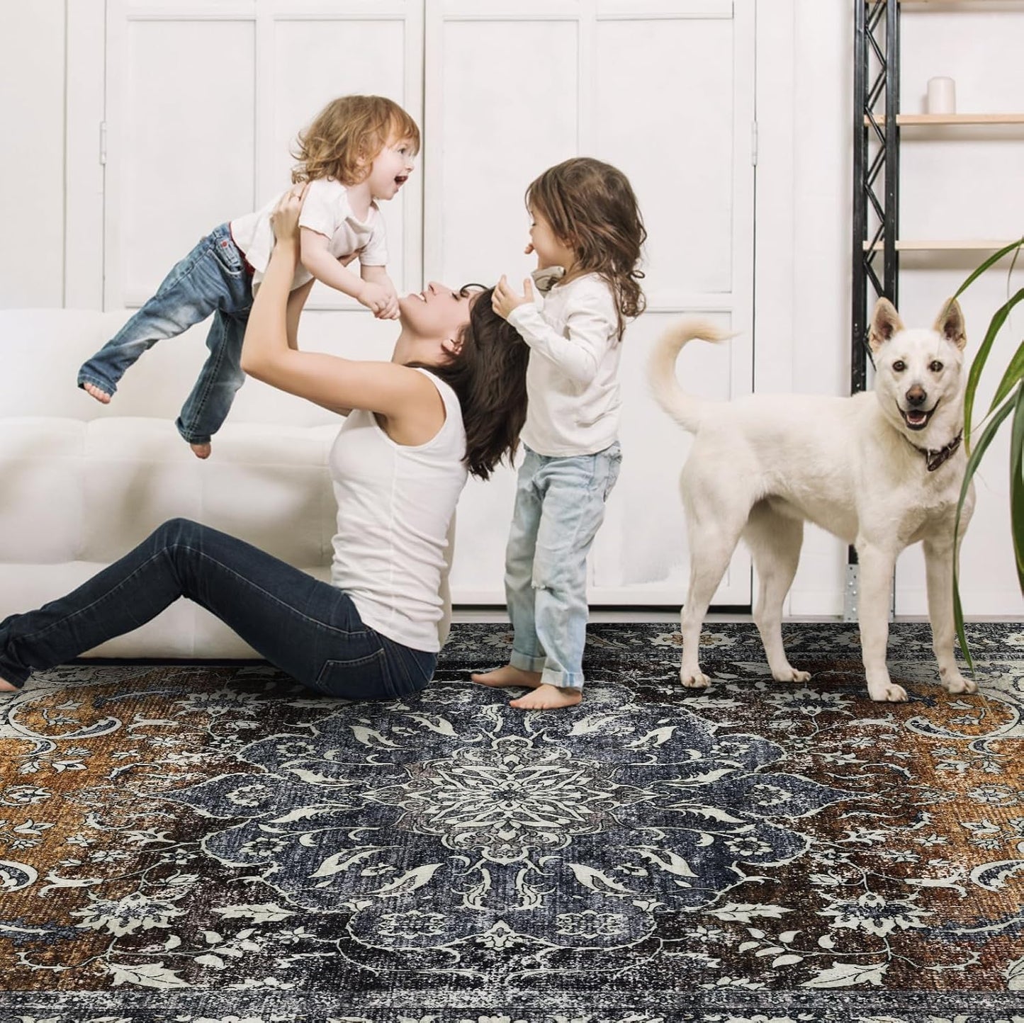 Washable Area Rugs 8x10, Large Rugs for Living Room, Carpet for Bedroom, Soft Faux Wool Retro Dining Room Rug, Non-Slip Backing Resistant Low Pile Vintage Print Rug for Home Office (Tan/Gray)