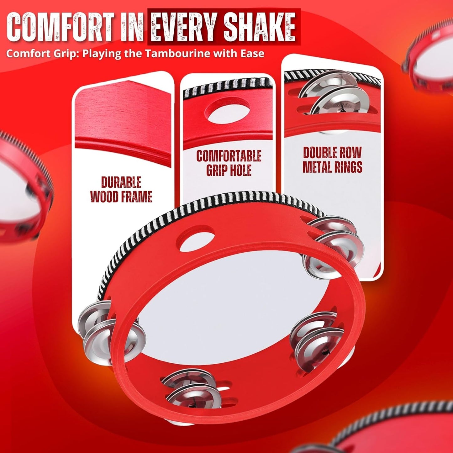 Flexzion Wood Handheld Tambourine Adults 6-Inch Double Row 8-Pair Jingles (Red) - Percussion Round Tamborines Musical Instrument with Metal Zills