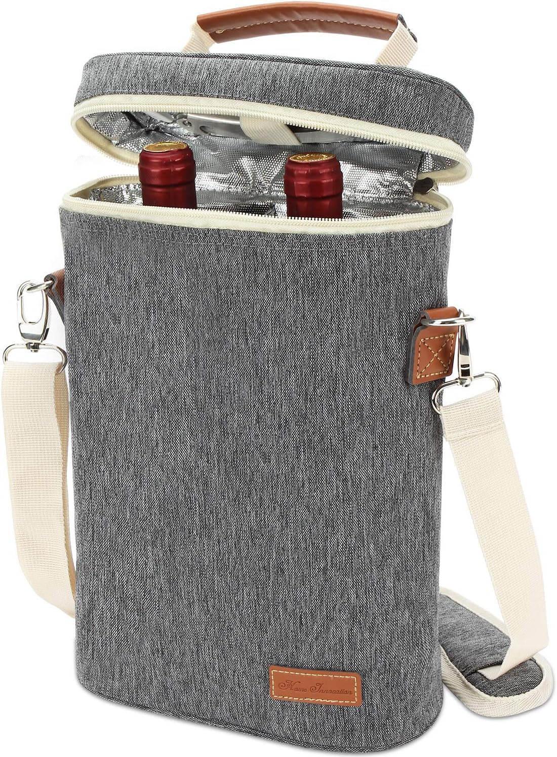 ZORMY 2 Bottle Insulated Wine Tote Bag, Wine Carrier Travel Padded Cooler Bag with Shoulder Strap & Corkscrew Opener, Perfect Wine Lover's Gift, Great for Picnics Grey