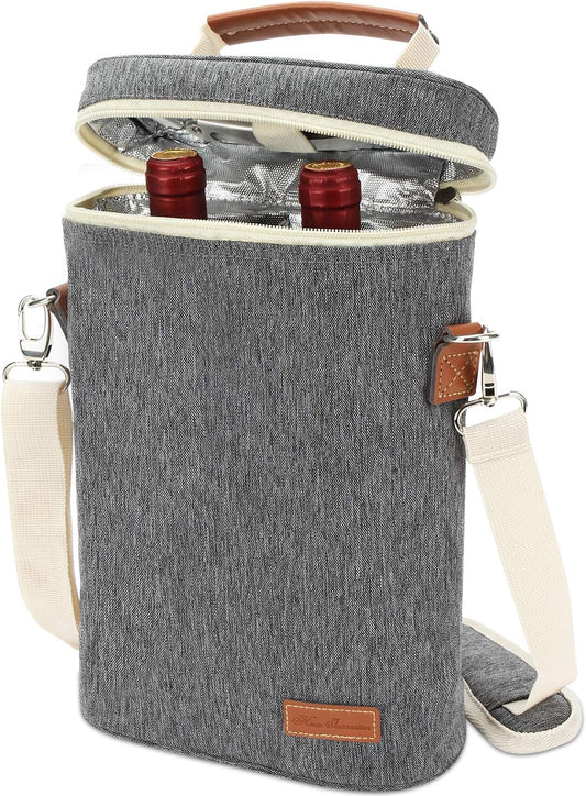 ZORMY 2 Bottle Insulated Wine Tote Bag, Wine Carrier Travel Padded Cooler Bag with Shoulder Strap & Corkscrew Opener, Perfect Wine Lover's Gift, Great for Picnics Grey