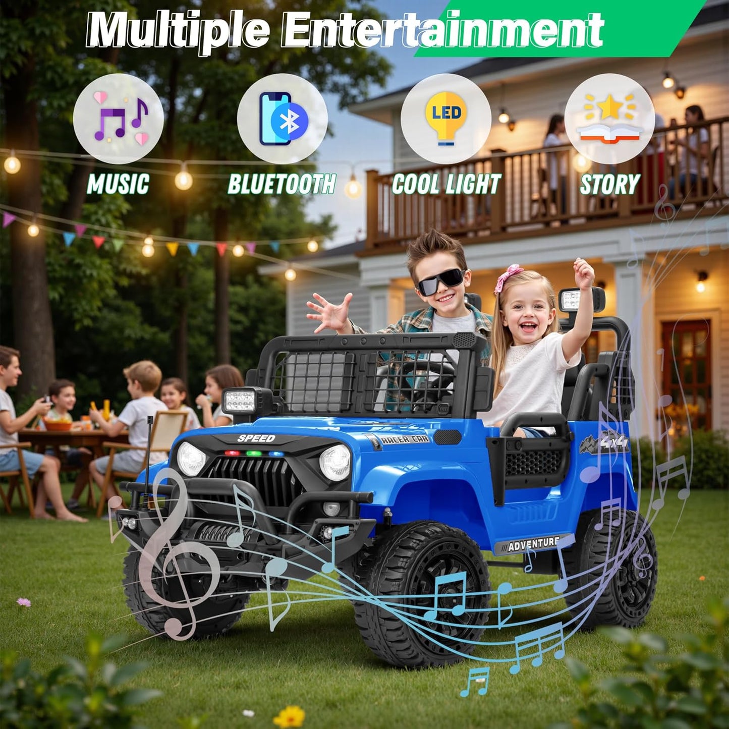 2 Seater Ride On Car Truck with Remote Control XL, Kids 24V Battery Powered Electric Vihicle w/21 in Seat, 3 Speeds, 2WD/4WD Switichable, Shock Absorbers,Bluetooth, Flower, Gift Choice
