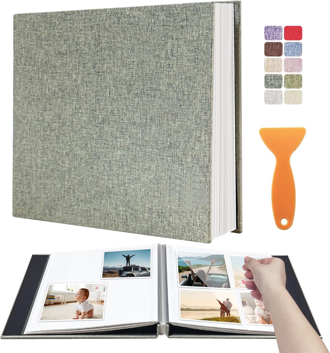 Large Photo Album Self Adhesive Scrapbook Album for 4×6 5×7 8×10 Pictures DIY Magnetic Linen Cover Album 40 Pages for Family Wedding Gifts with Metal Pen and Plastic Board, Light Green