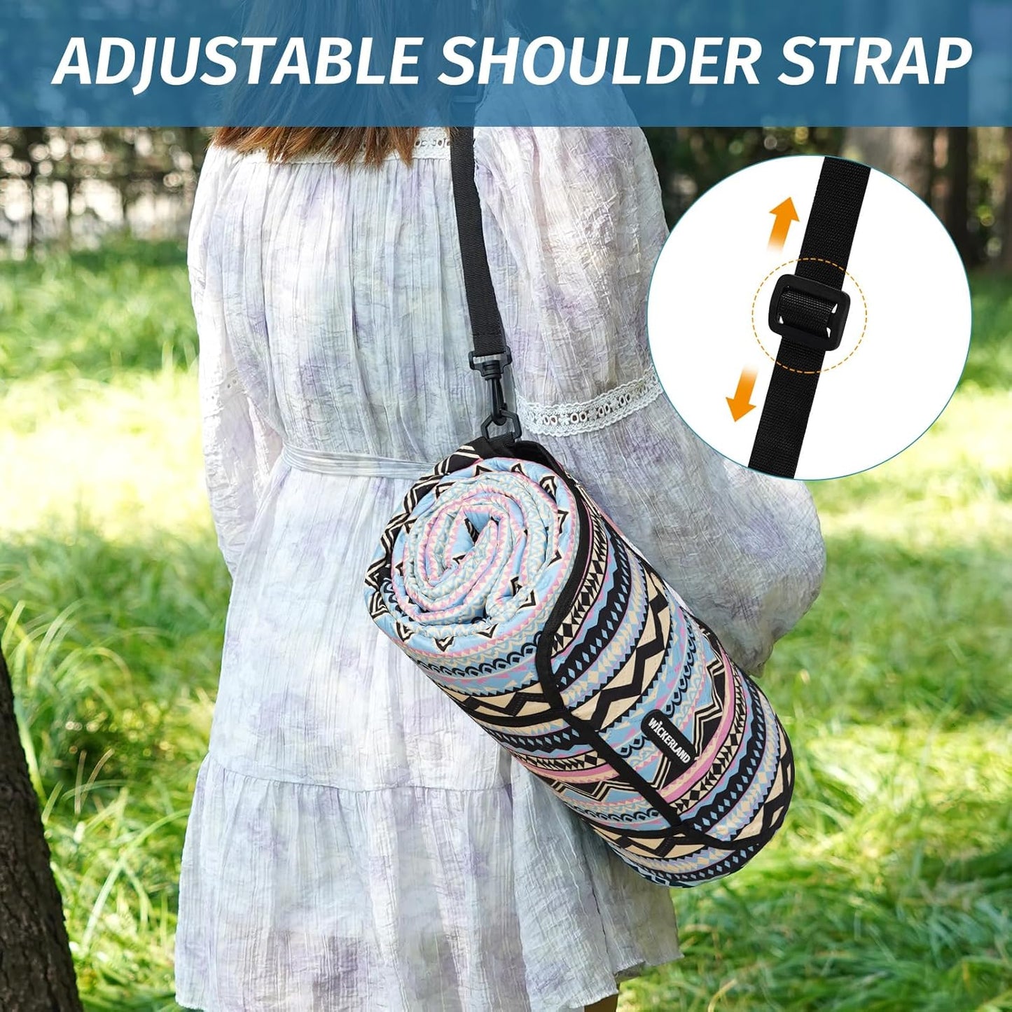 Picnic Blankets Extra Large Outdoor - Beach Blanket Waterproof Sandproof with Shoulder Strap, Machine Washable, Picnic Mat with Stakes for Grass Concert, Park.BohoGeometry