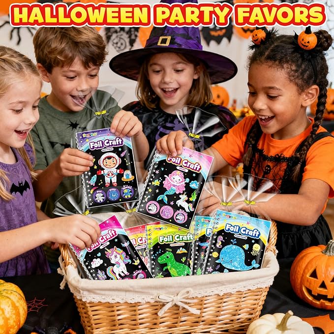 FUNNYB&G Foil Art Party Favors for Kids - 24 Pack Foil Art Crafts Kits Coloring Books, Goodie Bag Stuffers Party Favors for Kids 4-8 8-12, Bulk Birthday Classroom Prizes Girls Boys Gifts Halloween