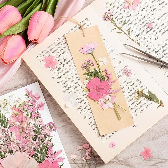 50pcs Pink Pressed Flowers Bulk, Romantic Dried Flower Leaves, Natural Pressed Dried Flowers with Tweezer for DIY Crafts Resin Mold Candles Cake Bridal Scrapbooking Supplies