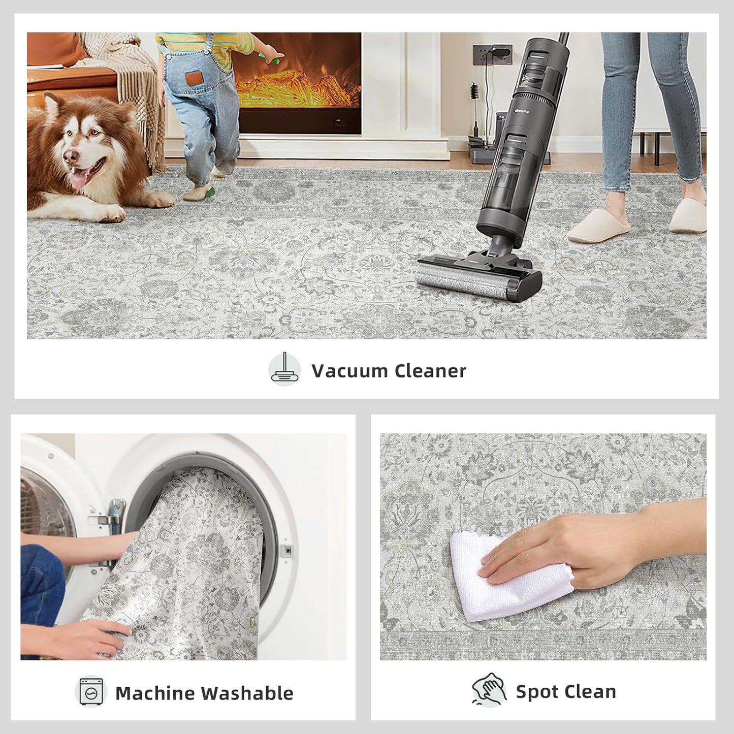 Deerly Light Grey Vintage 6x9 Nursery Rugs for Living Room, Rug Boho Washable Area Rug with Non-Slip Backing, Indoor Carpet for Bedroom Dining Room