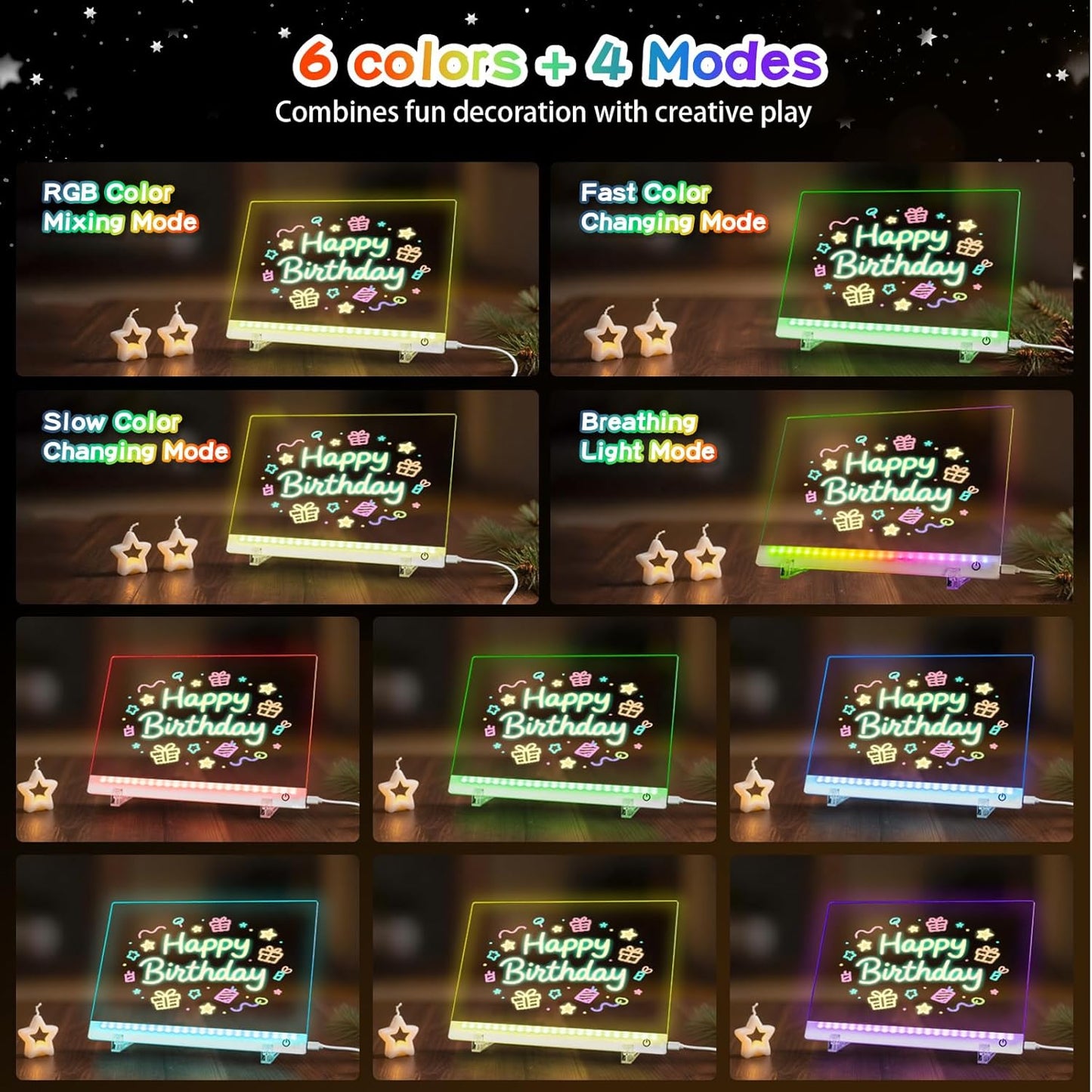 Led Drawing Board with Colors, Acrylic Dry Erase Board with Stand, 4 Modes & 6 Colors, Include 7 Dry Erase Markers, Clean Spone, Birthday Gift for Boys Girls, Party, Halloween, Christmas Home Decor