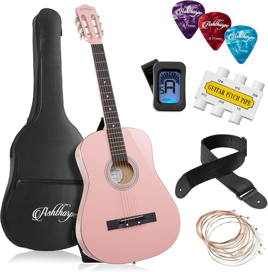 Ashthorpe 38-inch Beginner Acoustic Guitar Package (Pink), Basic Starter Kit w/Gig Bag, Strings, Strap, Tuner, Picks