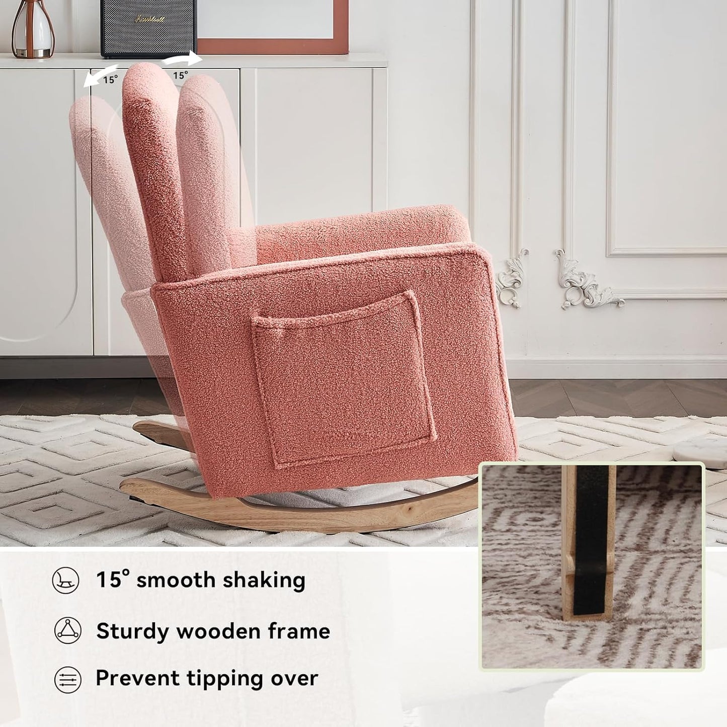 FOXHUNTER Rocking Chair Nursery with Adjustable Footrest and High Backrest, Upholstered Glider Chairs with Side Pockets for Nursery, Rocker Armchair Indoor for Living Room,Pink