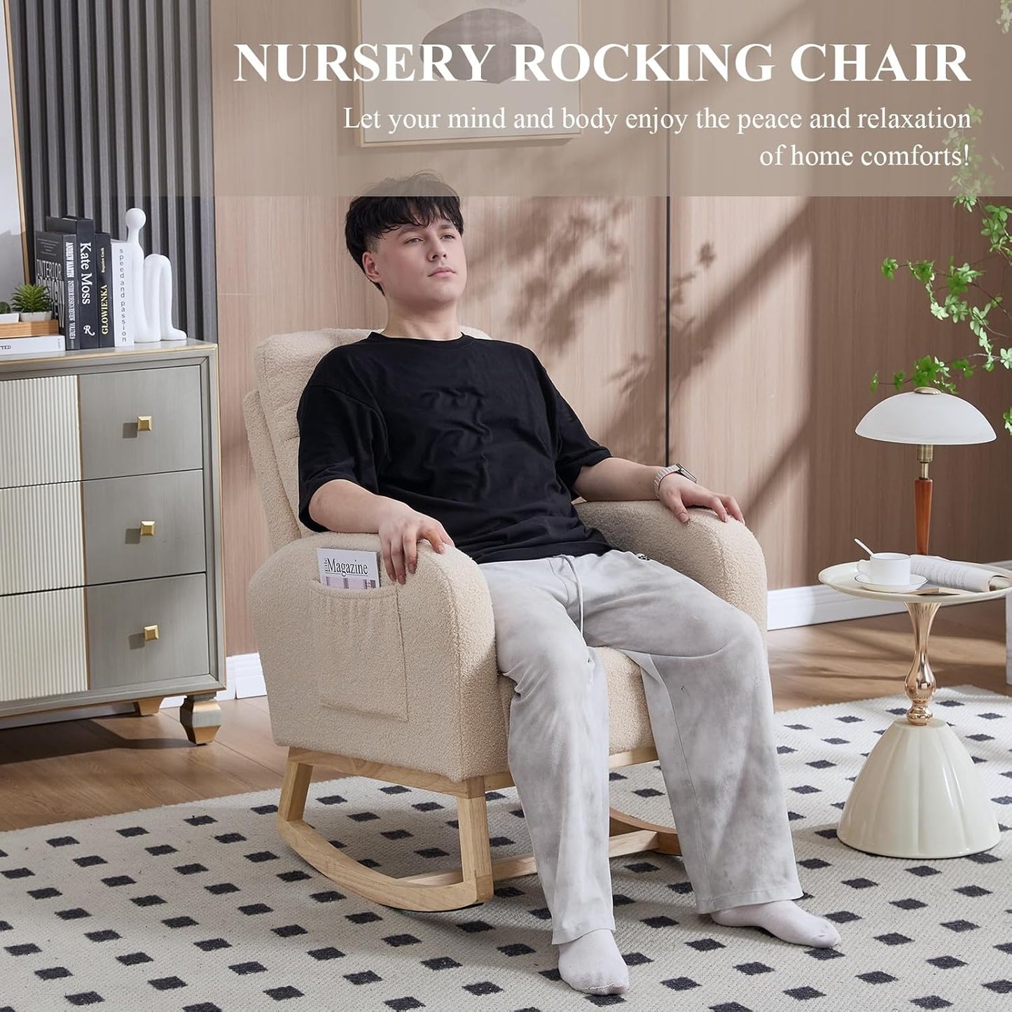 NIOIIKIT Nursery Rocking Chair, Teddy Upholstered Glider Chair with Side Pocket, Glider Rocker Chair with Tufted Back, Comfy Accent Nursing Chair for Living Room (Beige Retro)