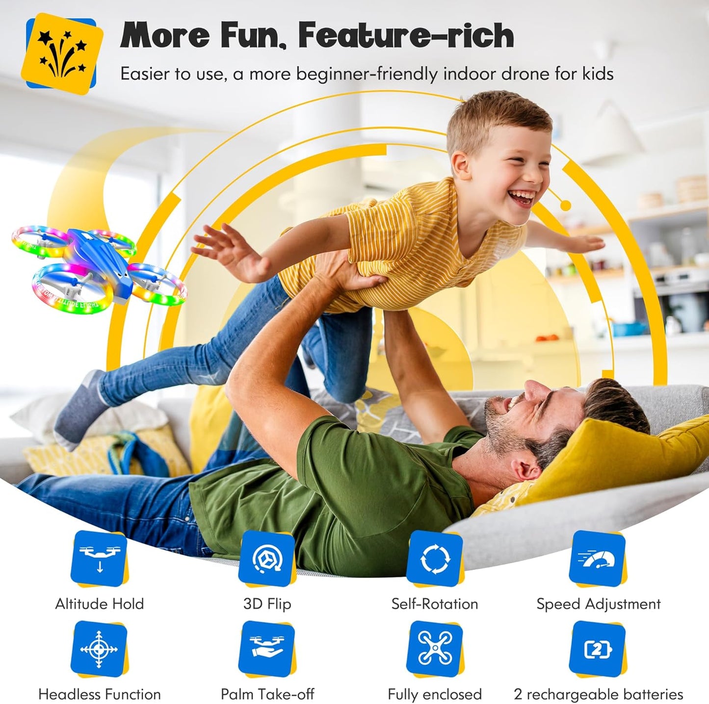 Drones for Kids With Cool Light, Kids Drone with 3D Flip, Altitude-Hold, Self-Rotation, Headless Mode, 3 Speed Modes, One-Click Take-off/Landing, Mini Drone for Christmas, Beginners, Indoor