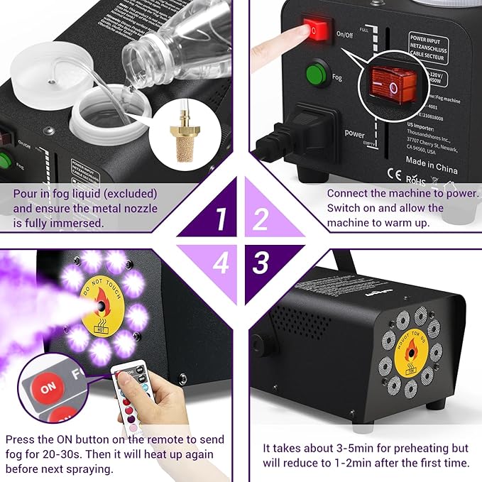 Smoke Machine, Theefun Fog Machine 450w 2500CFM with 9 LED 12 Color Lights Portable 500ml Tank No Liquid Included Stage Smoke Machine Fog Indoor with Wireless Remote Control for Wedding DJ Party