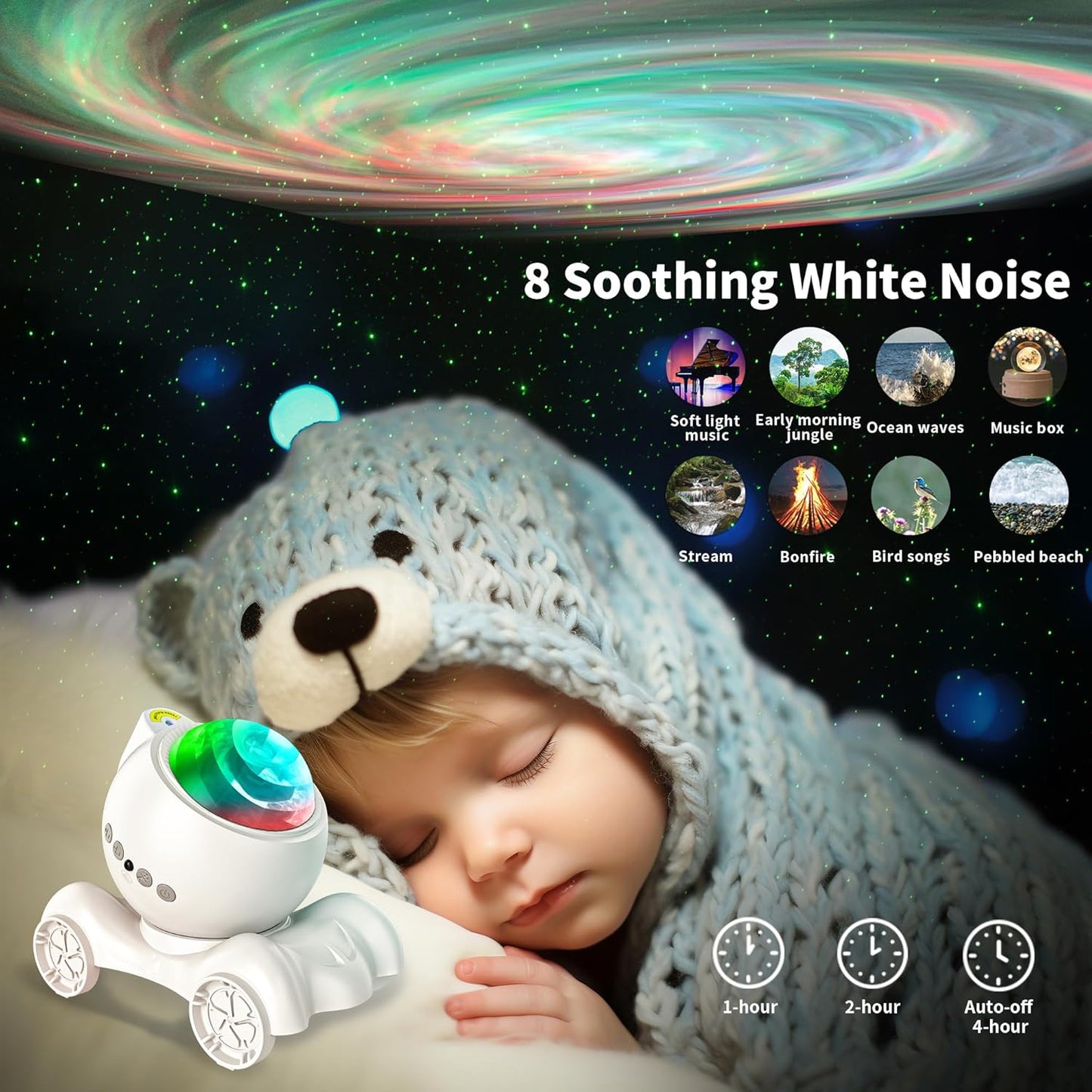 ENOKIK Galaxy Projector, Star Aurora Projector Built-in Bluetooth Speaker, Night Light for Kids Adults, White Noise Light for Home Decor/Relaxation/Party/Music/Gift (White)