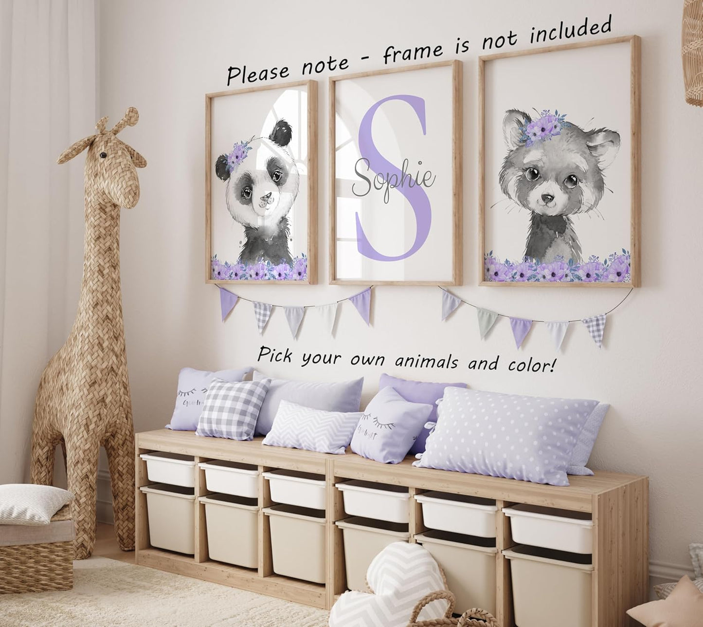 Safari Animals Girls Nursery Bedroom Unframed Set of 3 Poster Prints, Personalized Name Pink or Purple Flowers Wall Art Decor New Baby Gift Present, Elephant Giraffe Panda Zebra Lion (11x14)