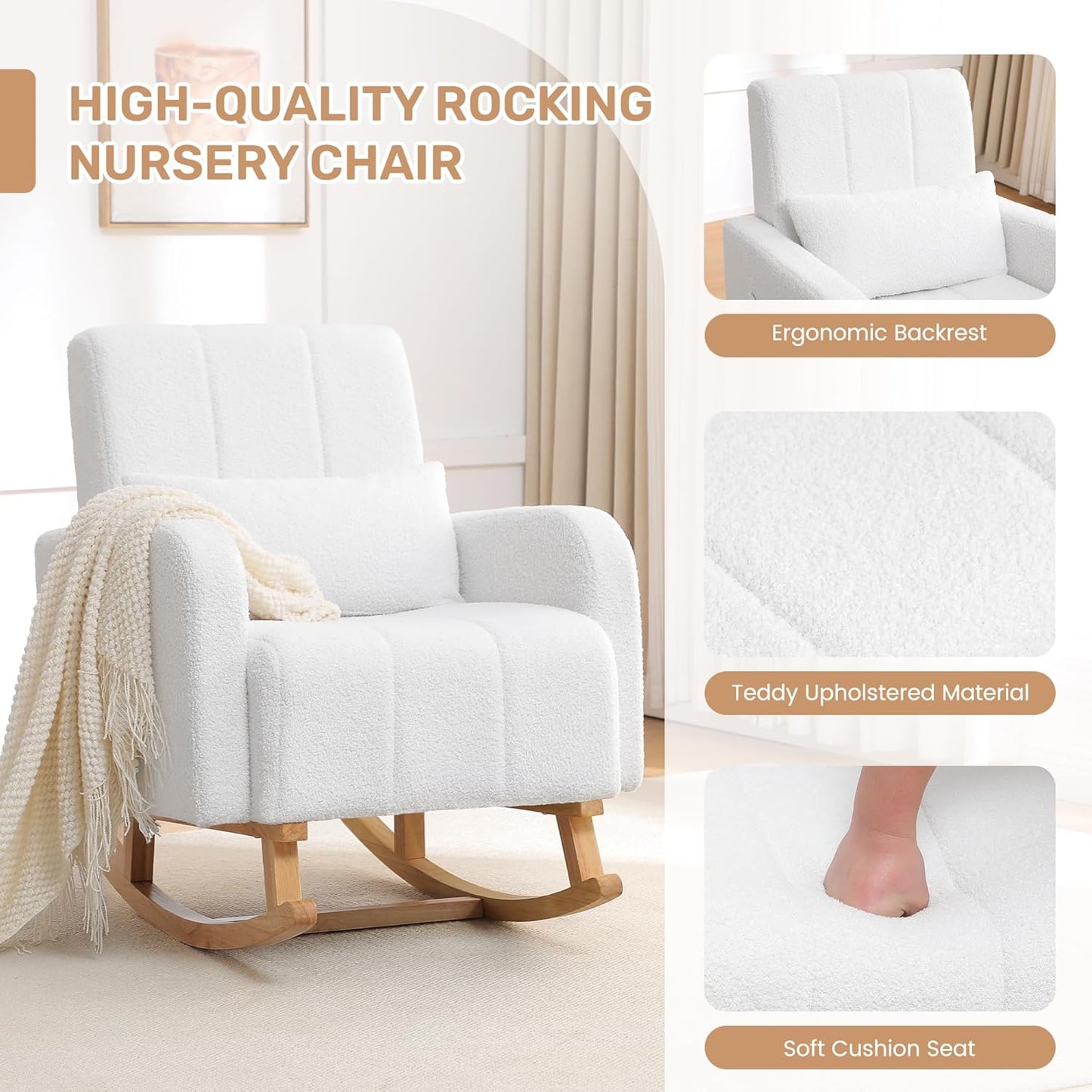 Rocking Chair with Ottoman, Upholstered Nursing Glider Rocker with High Backrest and Side Pocket, Comfy Reading Chair with Solid Wood Legs for Nursery/Living Room/Bedroom White