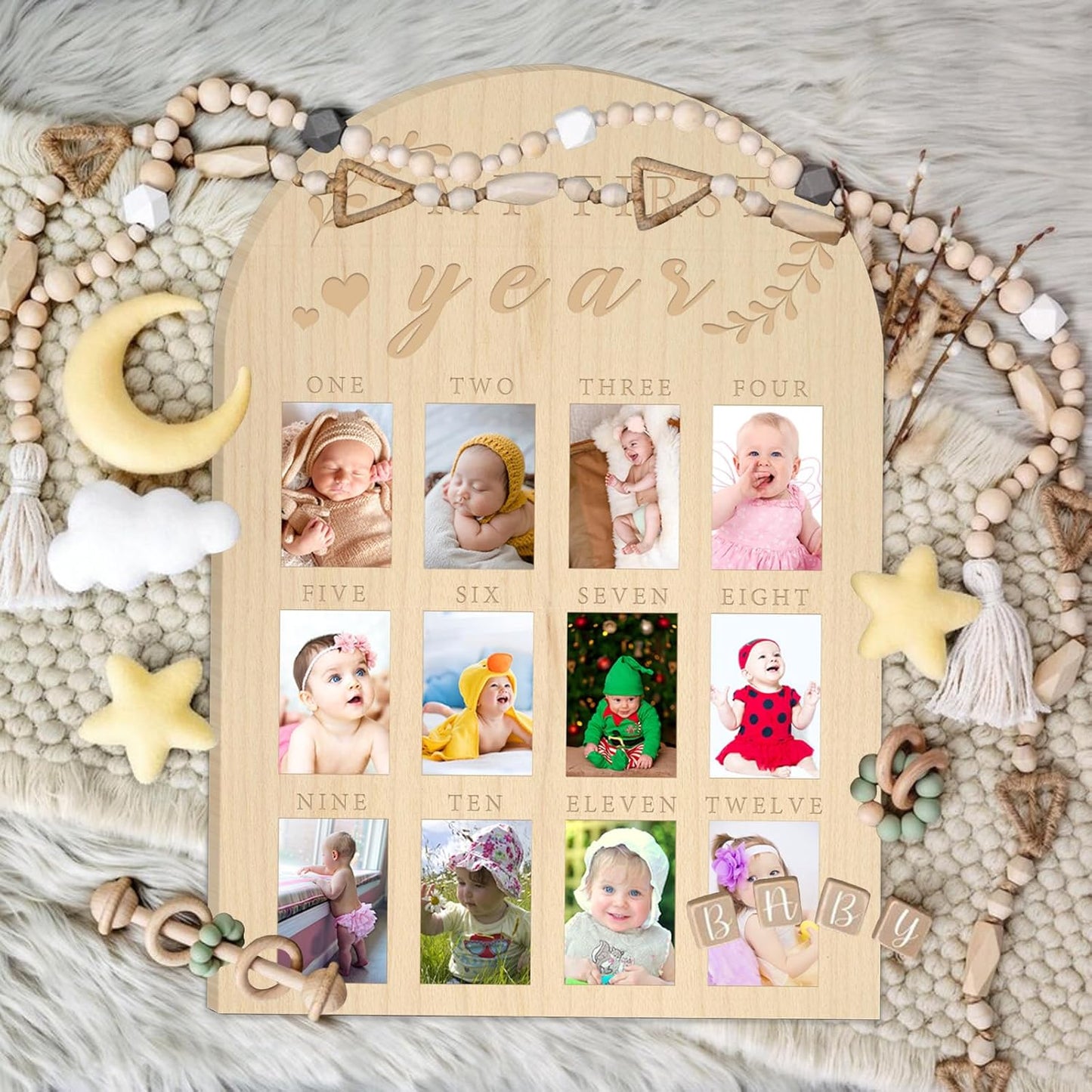 My First Year Photo Display Wood Board Baby's First Year Photo Frame Milestone Board 12 Months Baby Picture Frame 1st Birthday Nursery Decorations for Boy Girl Baby Keepsake Gift for Mom (2" x 3" photos - Wallet Size)