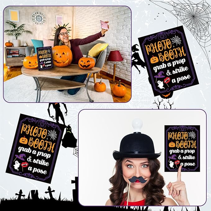 Photo Booth Sign with Stand Retro Background Table for Halloween Indoor and Outdoor Party Theme Event Photography Props Desktop Decoration Supplies