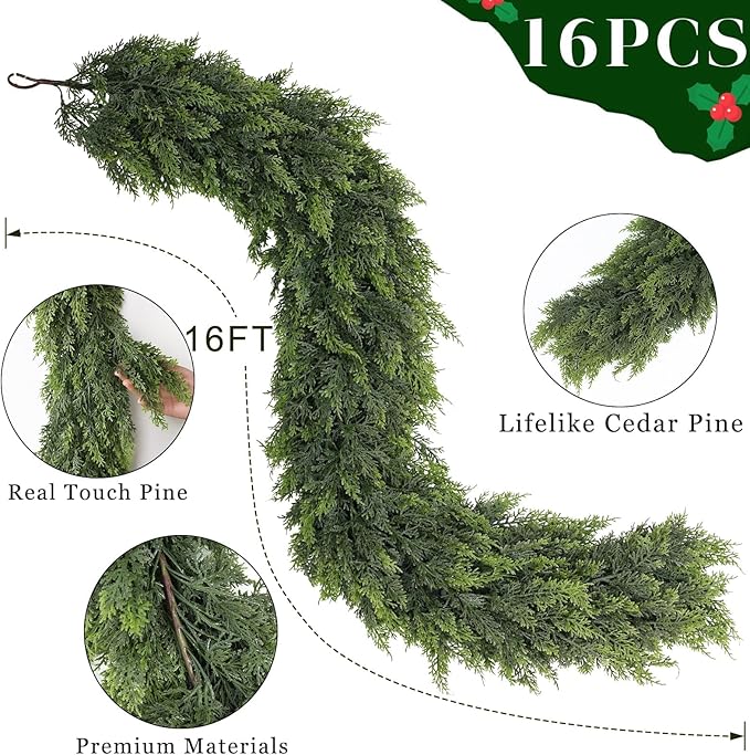 16FT Real Touch Cedar Garland - Artificial Christmas Garland Fake Green Faux Thick and Lush Pine Needles Garlands for Table Fireplace Mantle Holiday Home Indoor Outdoor Decor (1PCS)