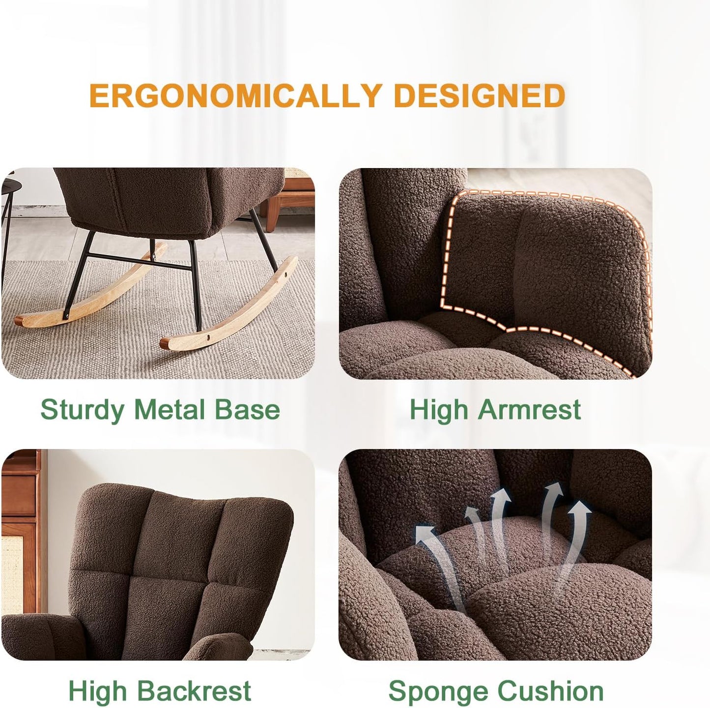 Nursery Rocking Chair, Teddy Fabric Upholstered Glider Rocker with High Backrest, Modern Rocking Accent Chairs Comfy Side Chair for Nursery, Bedroom, Living Room (Brown)