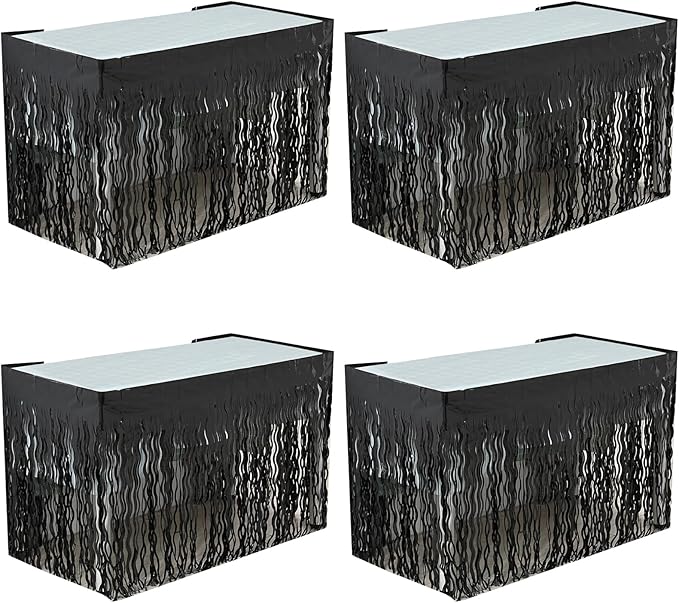 4P Wavy Metallic Tinsel Foil Fringe Table Skirts for Rectangle Tables Backdrop Garland Curtains for Parade Floats Wedding Birthday Parties Decoration Graduation 2025 Christmas (Black)