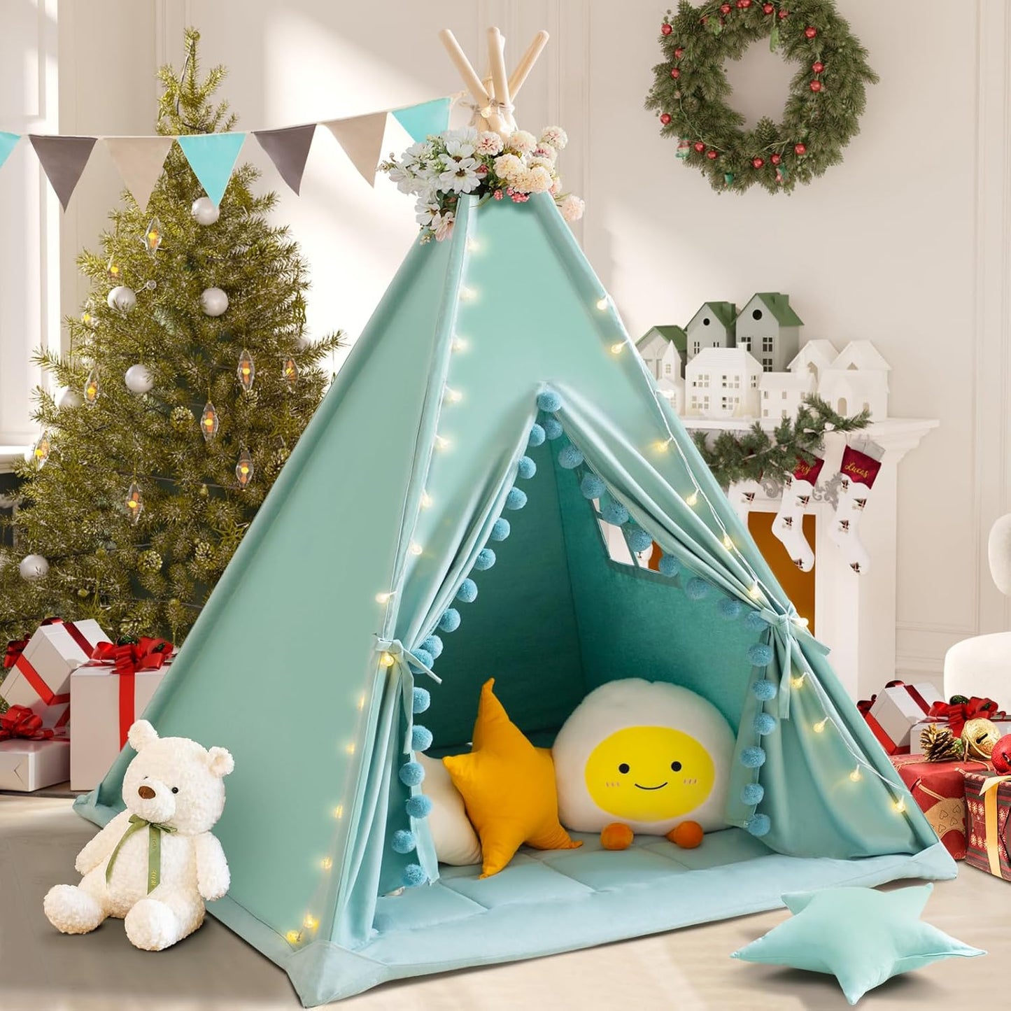 Teepee Tent for Kids with Padded Mat Cotton Canvas Kids Tent with Pompom for Toddlers Indoor Play Tent for Girls Boys with Stars Lights, Carry Bag, Banner Flag (Green)