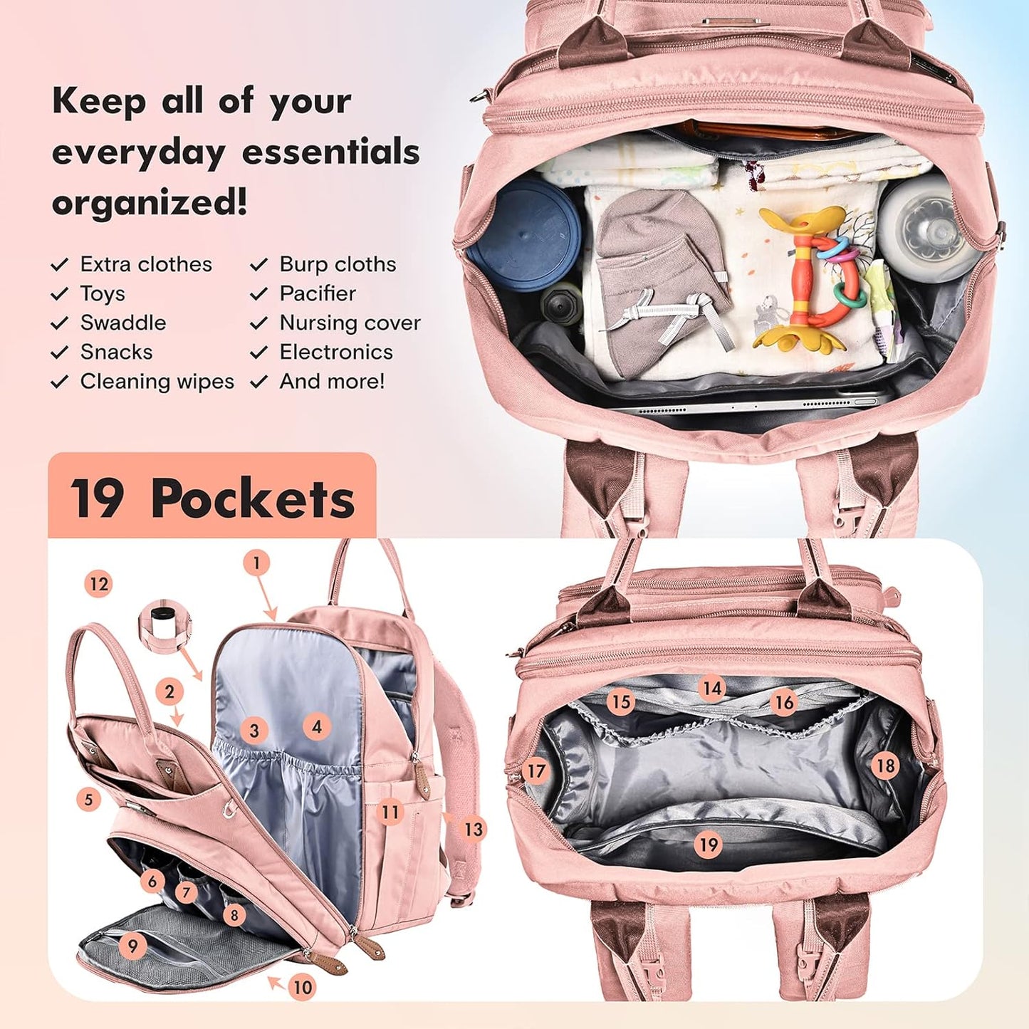 Dikaslon Diaper Bag Backpack with Portable Changing Pad, Pacifier Case and Stroller Straps, Large Unisex Baby Bags for Boys Girls, Multipurpose Travel Back Pack Moms Dads, Pink