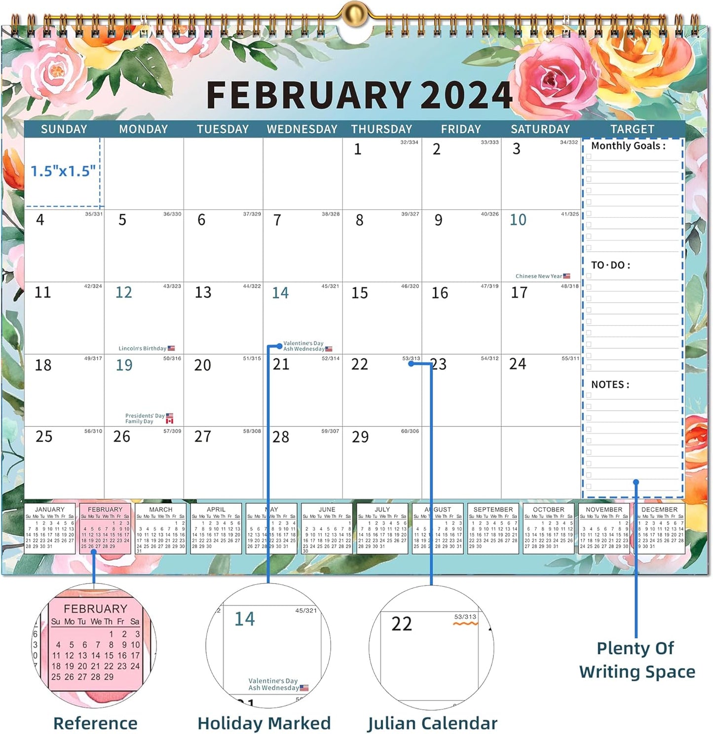 Calendar 2024-2025 Planner Wall Hanging Spiral Bound Magnetic Fridge Calendars 15" x 12", Use Jan 2024 - Jun 2025