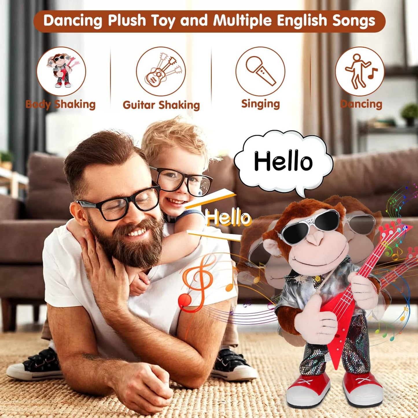 Dancing Monkey Plush Toy, Stuffed Toys, Dancing Singing, Body Shaking, and Guitar Shaking, Punk Molding, One Button Control, Children's Education Toys, Musical Intelligence Development