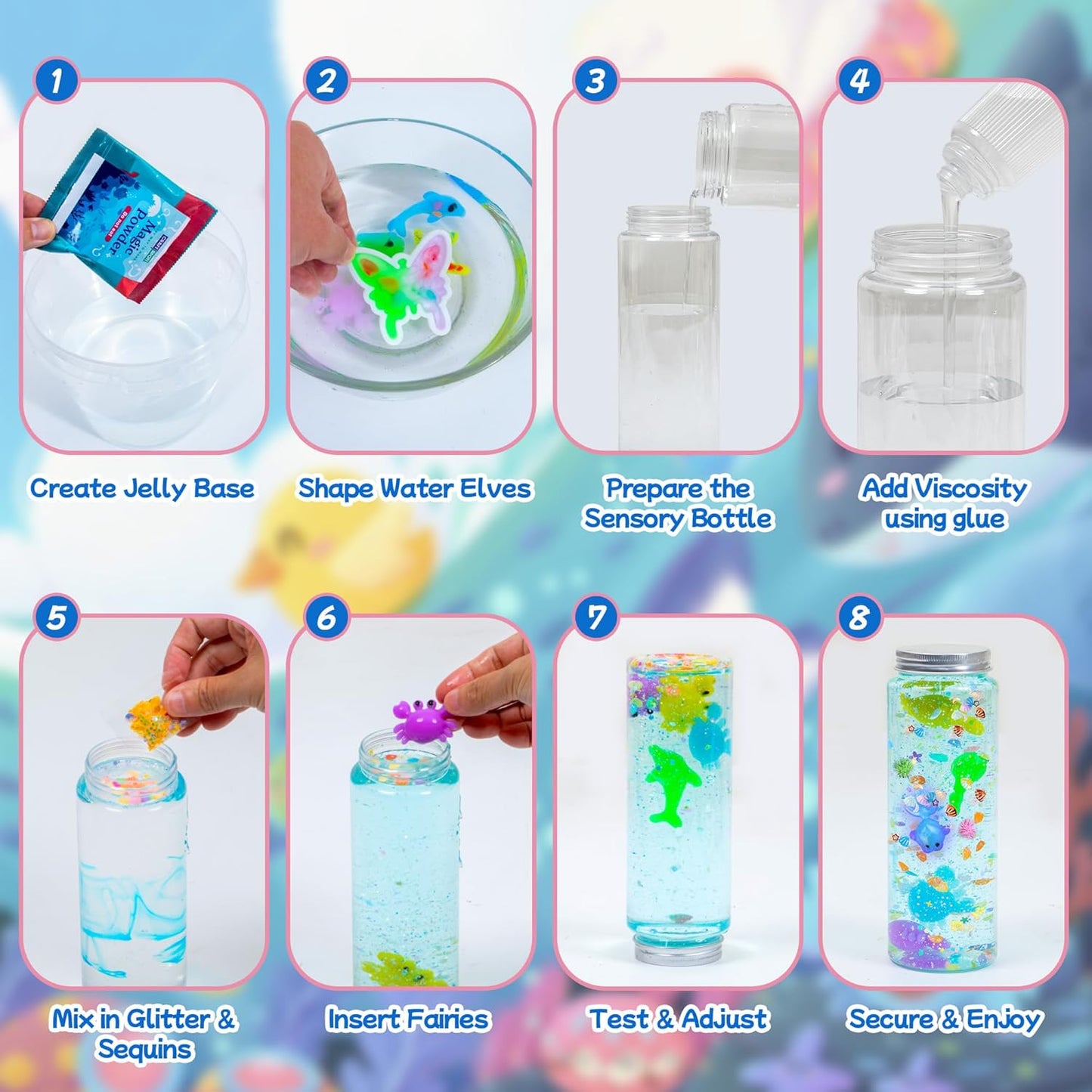 Make 3 Sensory Bottle, Glow-in-The-Dark Magic Gel Water Fairy Toy, DIY 100+ Aqua Water Squishy kit with 18 Shape Molds, 100ml Gels, 5L Bucket, Shell, Glitter, Pom-Poms, Arts Crafts for Kids