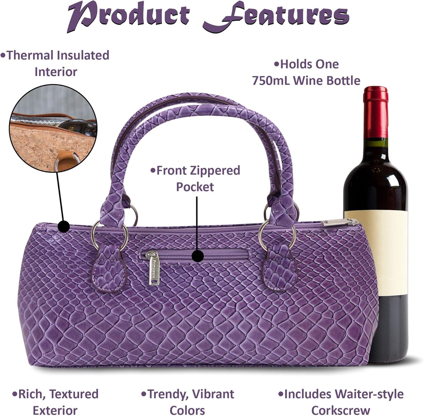 Wine Clutch Bag (Thermal Insulated) Trendy Women’s Carry Tote | Holds Red & White 750mL Bottles | Trendy Fashion | Incl. Portable Waiter-Style Corkscrew (Purple Burmese)