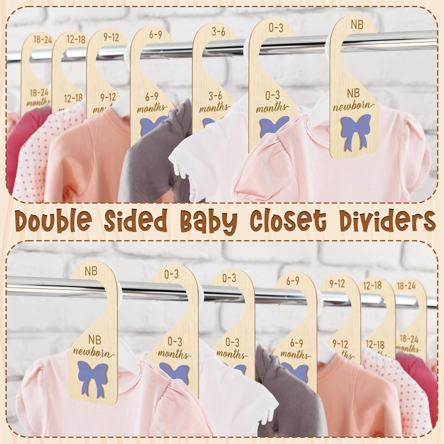 R HORSE Wooden Baby Closet Dividers - 8Pcs Double-Sided 3D Purple Bow Baby Closet Organizer Newborn Clothes Size Hanger Dividers Nursery Decor Baby Shower Birthday Gift for Boy Girl (0-24 Months)