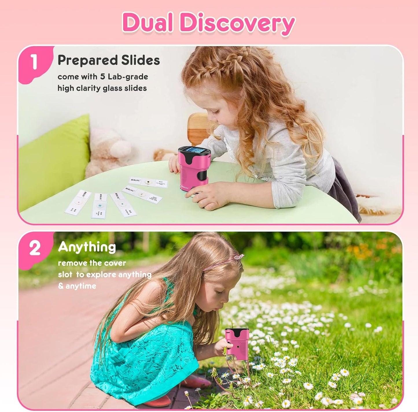 1000X Handheld Microscope for Kids 4K 2.0" Screen Rechargeable Mini Pocket Digital Microscopes w/Slides Kit Portable Edu Gift Age 4-6 8-12 Children Students (Pink)