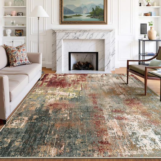 Washable Area Rugs 8'x10' Non-Slip Modern Abstract Soft for Living Room Entryway Bedroom Nursery, Print Pattern, Brown Rust Red Multi