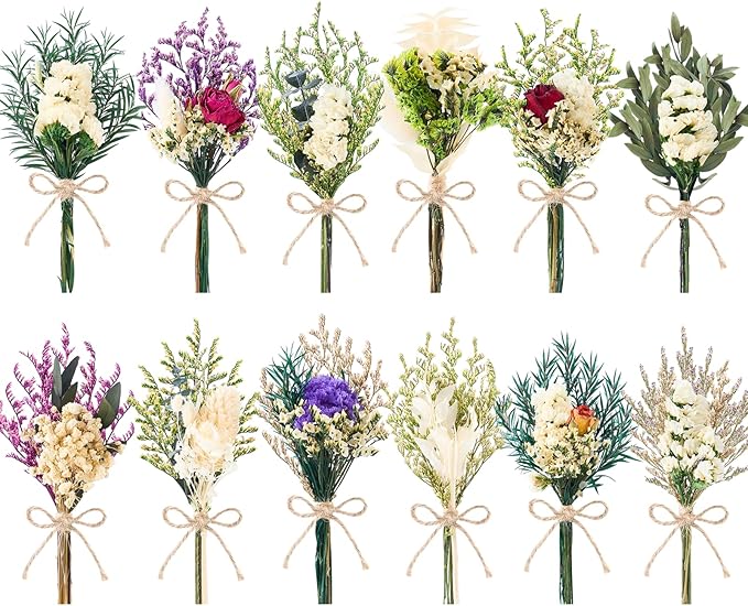12/24 PCS Charming Dried Flowers Bouquet for Vase Various Dried Wildflowers with Stems Mini Handmade Wildflowers Natural Real Flowers Bulk Flowers Craft (White Series, 12 PCS)