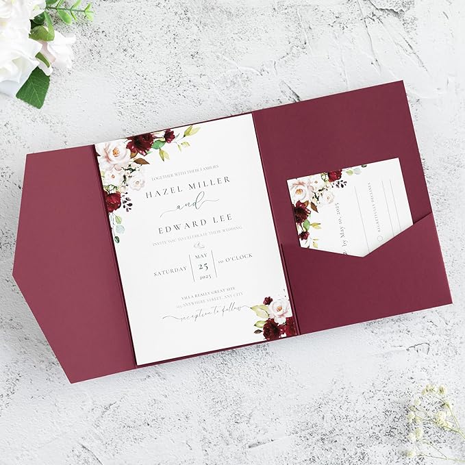 20 PCS Burgundy Tri-fold Laser Cut Wedding Invitation Pockets for 5x7 Wedding Cards Bridal Shower Engagement Quinceanera Invitation
