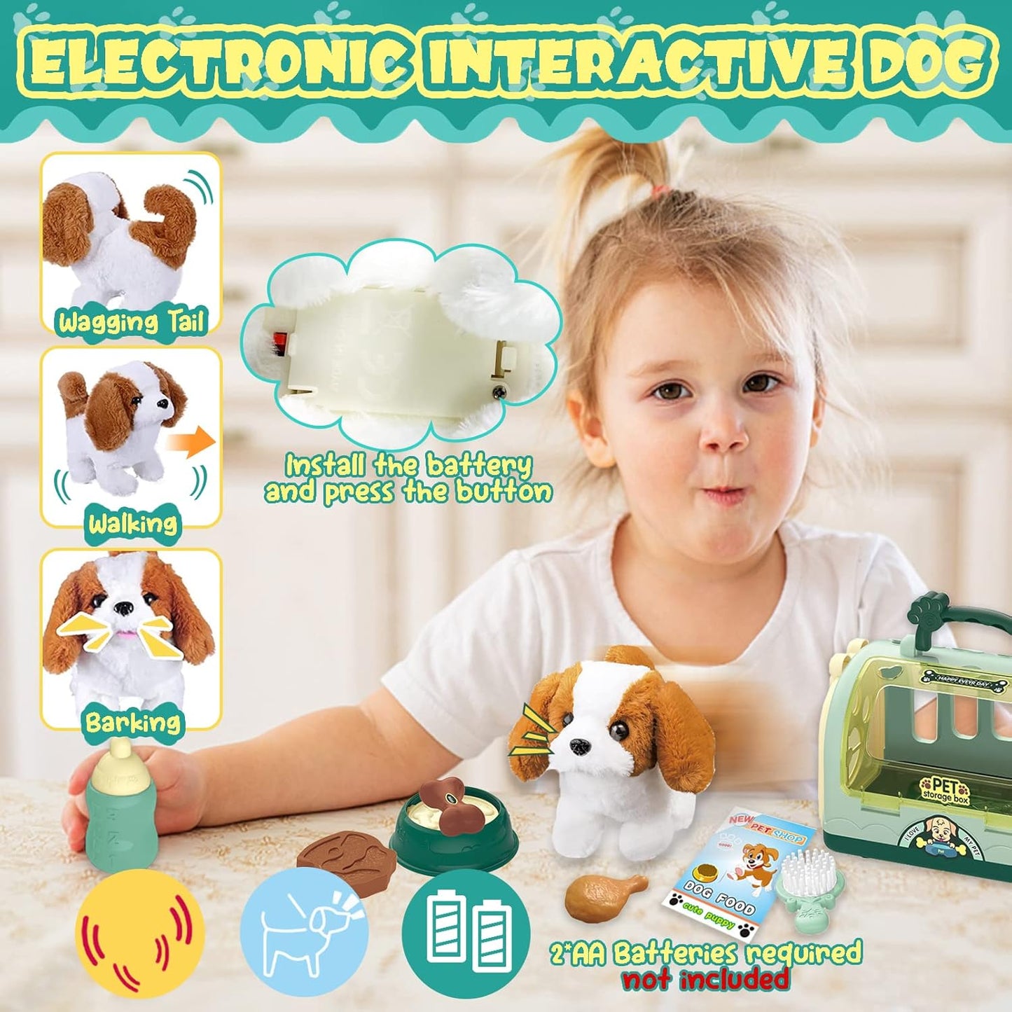 TEUVO Pet Care Play Set Robot Dog Toys for Kids, 12Pcs Kids Pretend Play Feeding Walk Bark Puppy Pet Toys with Interactive Electric Dog Plush & Cage, Xmas Gifts for Girls Toddlers 3 4 5 6 7 Years Old