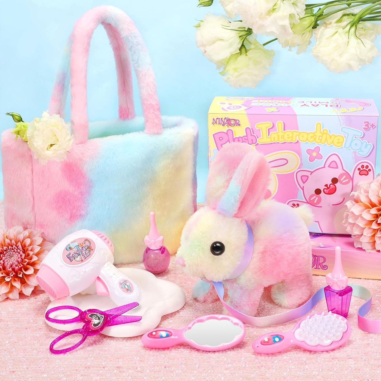 Plush Interactive Bunny Toys for Kids with Tote Bags,Stuffed Robot Pet Rabbit with Leash Hopping Wiggle Ears Pretend Play,Realistic Cute Fidget Toys for Toddler Stocking Stuffers Birthday Gifts