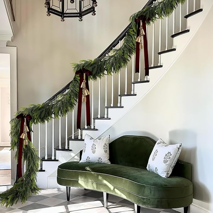 N&T NIETING 2 PCS Christmas Garland Norfolk Pine Garland Real Touch Faux Christmas Greenery Xmas Garland for Mantle, Table Holiday Winter Indoor Outdoor Christmas Decorations (9 FT)