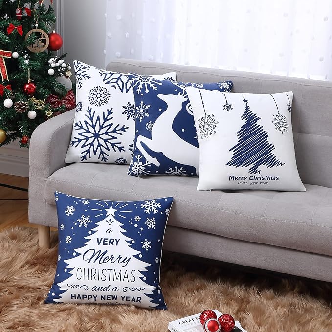 NANAN Christmas Pillow Covers 18X18 Inch Set of 4 Navy Blue Christmas Pillow Cases Snowflake Merry Christmas Holiday Pillowcases Xmas Trees Elk Deer Decorative