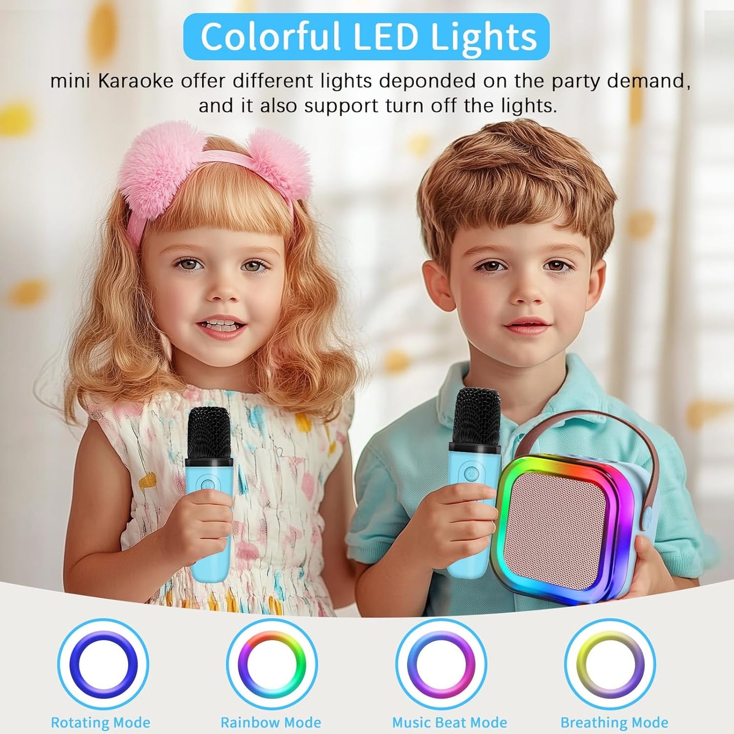 Mini Speaker with 2 Microphones,Kids Mini Karaoke Machine with Portable Speaker,3 LED Disco Lights,5 Funny Sound, Gift for Girl Boy Toddler Teen Adult Birthday Holiday Home Party-Blue