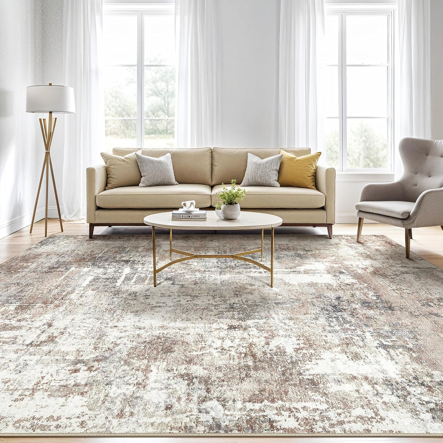 5x8 Area Rug Living Room: Machine Washable Large Abstract Modern Soft Rugs Stain Resistant Indoor Floor Non Slip Accent Carpet for Bedroom Nursery Playroom Office Dining Room Dorm Home House- Brown