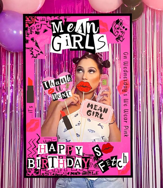 LaVenty Mean Girls Birthday Party Photo Booth Props Frame Mean Girls Party Decoration Y2k Birthday Party Decorations Hot Pink Girl Birthday Party Supplies